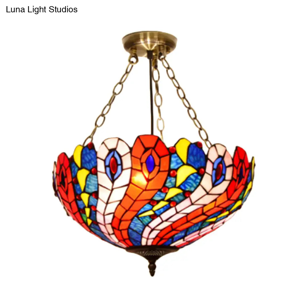 Mediterranean Brass Ceiling Lamp: Dome White/Red/Blue Stained Glass Semi Flush Mount 3 Lights -