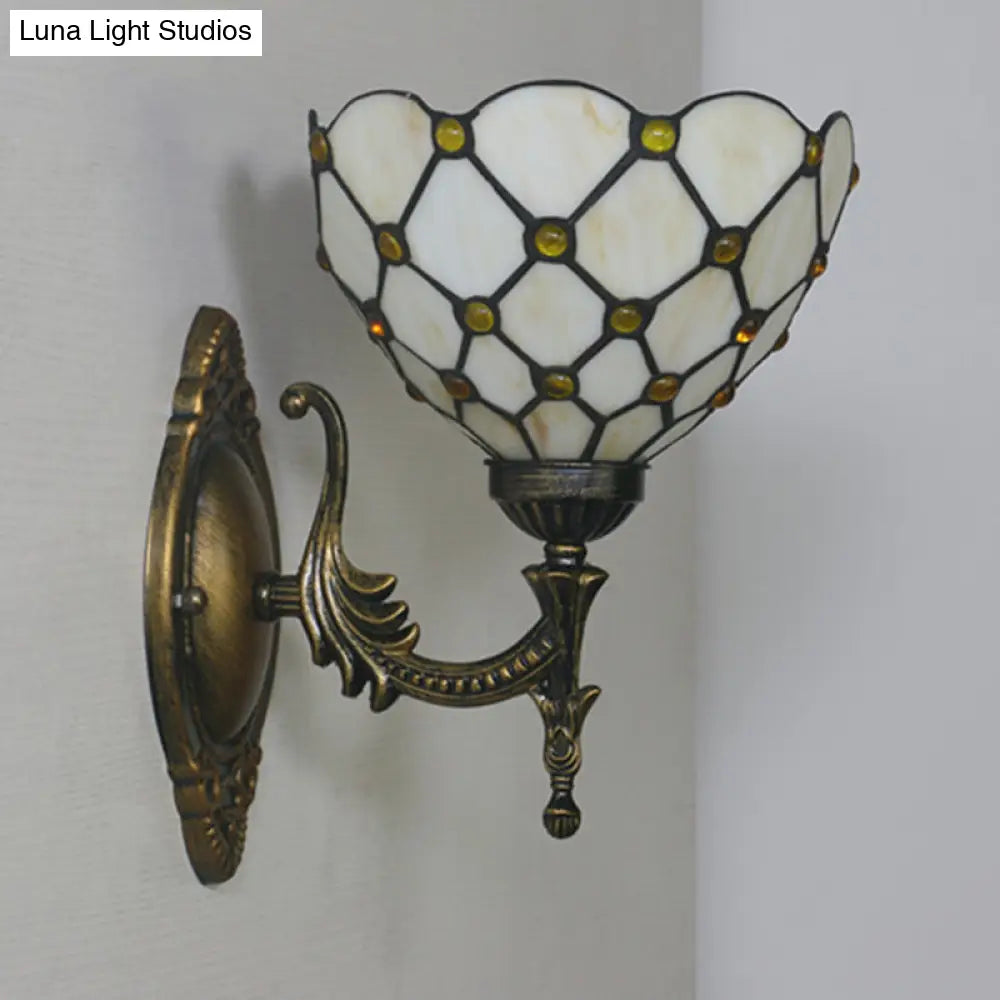 Mediterranean Brass Wall Sconce Elegant Geometry Cut Glass Shade For Corridor Lighting