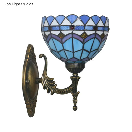 Mediterranean Brass Wall Sconce Elegant Geometry Cut Glass Shade For Corridor Lighting