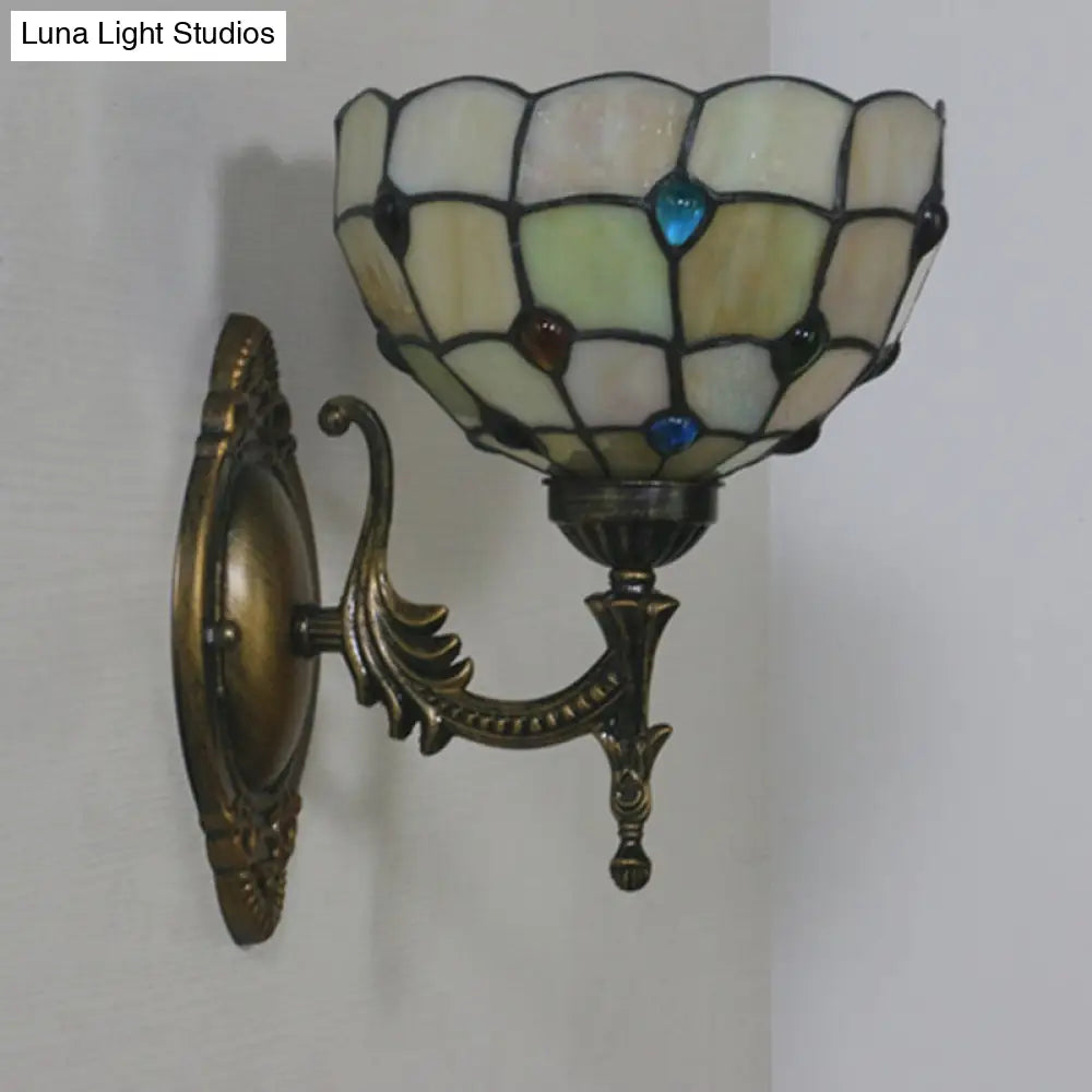 Mediterranean Brass Wall Sconce Elegant Geometry Cut Glass Shade For Corridor Lighting