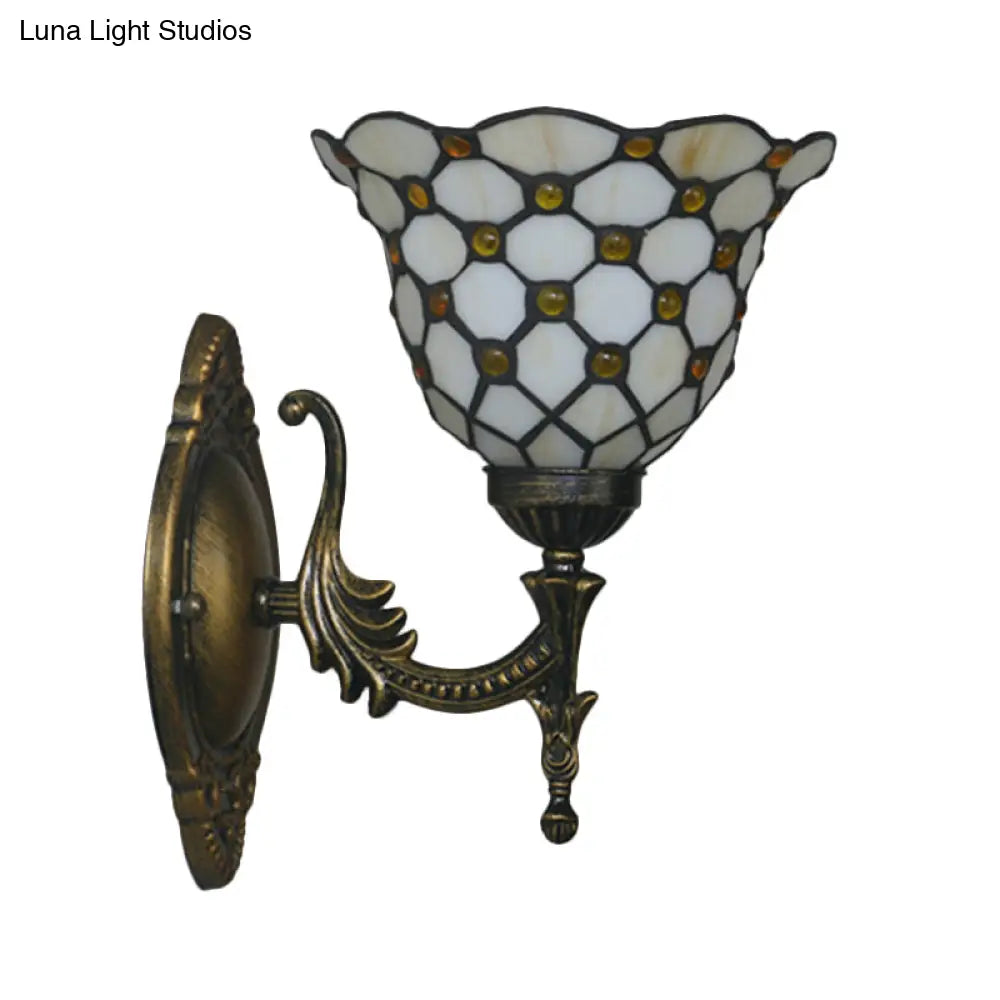 Mediterranean Brass Wall Sconce Elegant Geometry Cut Glass Shade For Corridor Lighting