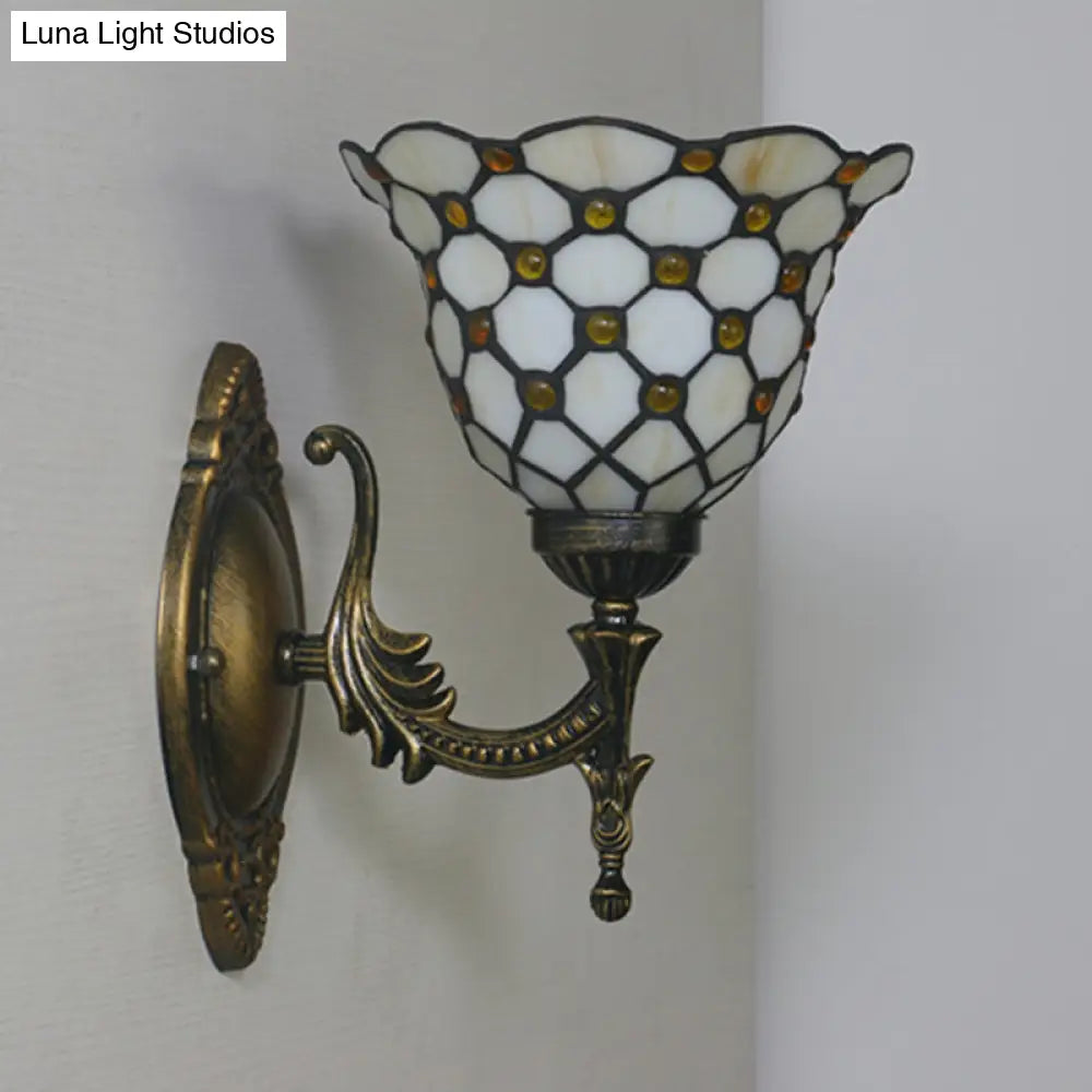 Mediterranean Brass Wall Sconce Elegant Geometry Cut Glass Shade For Corridor Lighting