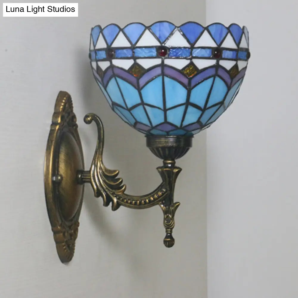 Mediterranean Brass Wall Sconce Elegant Geometry Cut Glass Shade For Corridor Lighting