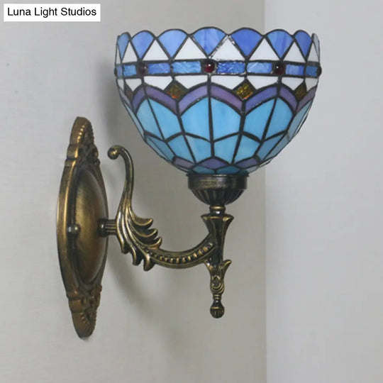 Mediterranean Brass Wall Sconce Elegant Geometry Cut Glass Shade For Corridor Lighting