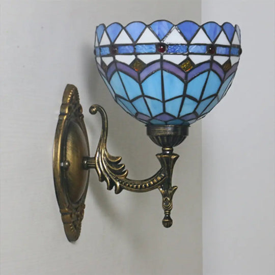 Mediterranean Bronze Bedroom Wall Sconce With Blue Glass Shade - 1-Light Light Fixture