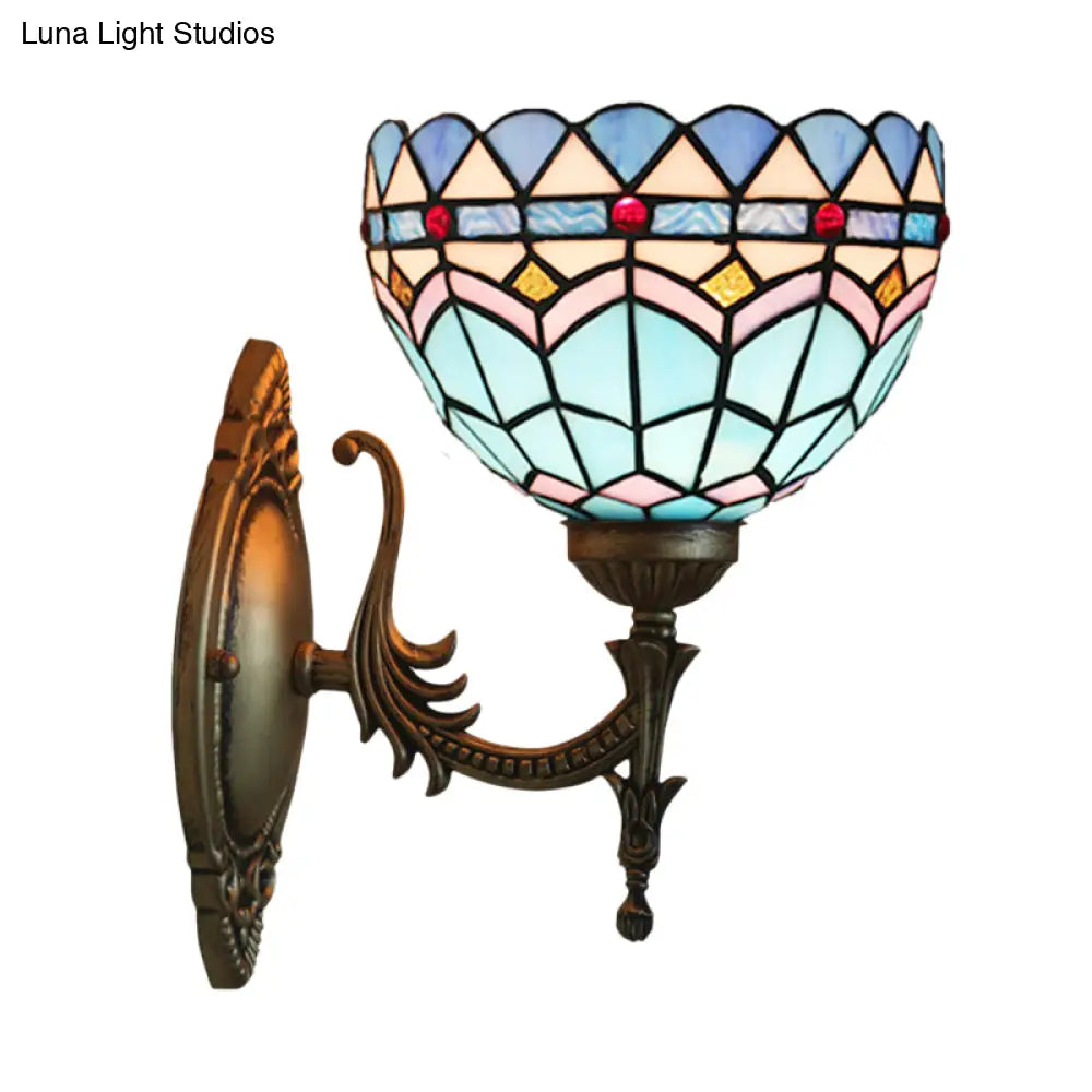 Mediterranean Bronze Bedroom Wall Sconce With Blue Glass Shade - 1-Light Light Fixture