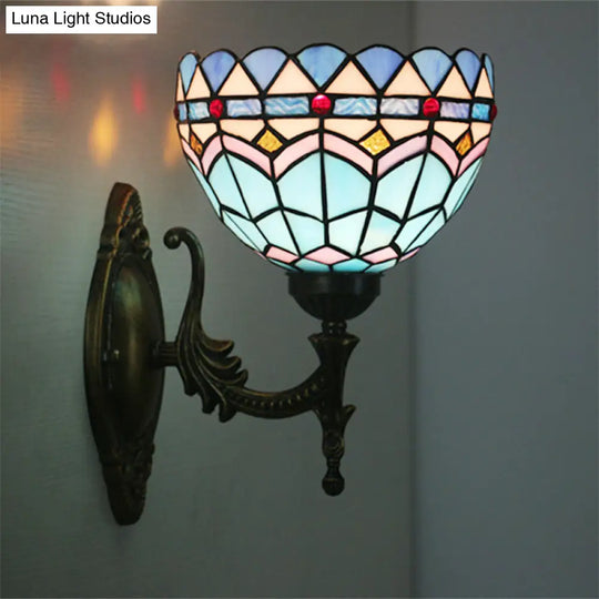 Mediterranean Bronze Bedroom Wall Sconce With Blue Glass Shade - 1-Light Light Fixture