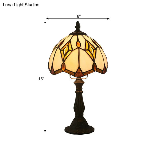 Mediterranean Bronze Domed Desk Lamp With Beige Glass And Rhombus Patterned Night Light