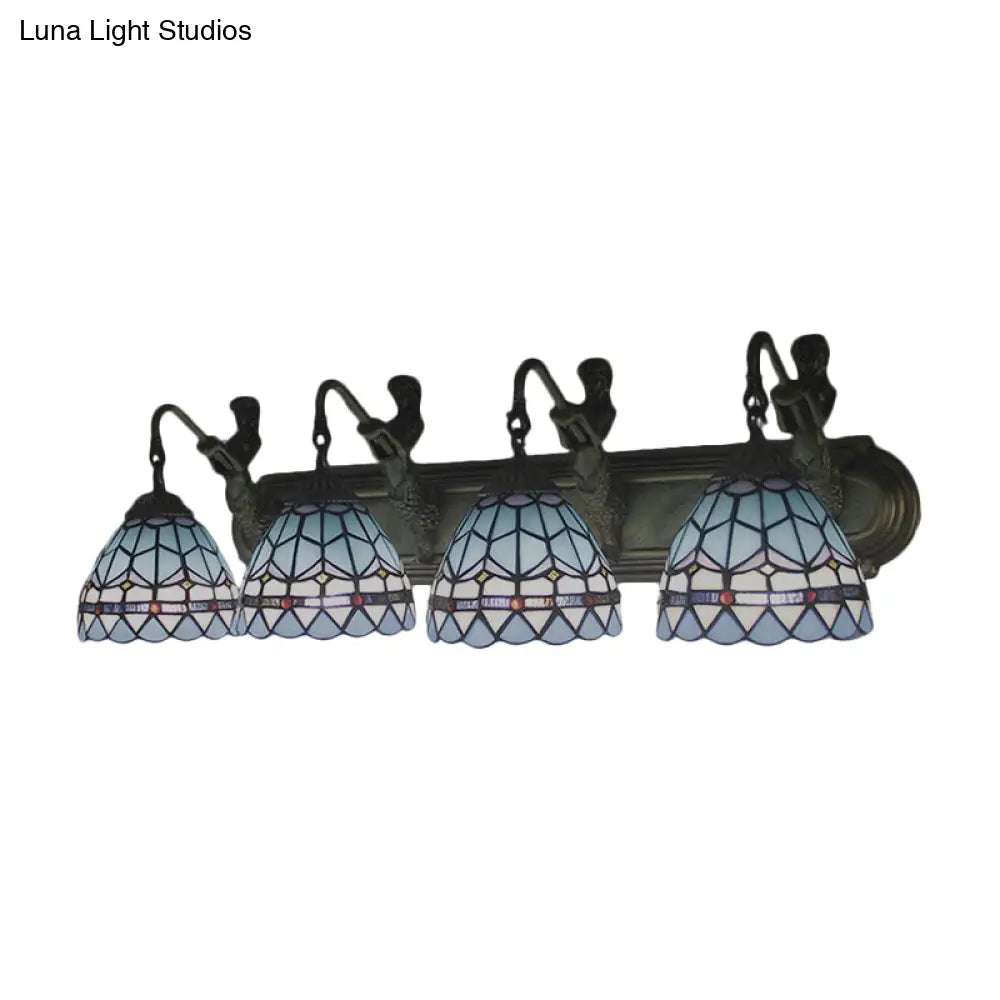 Mediterranean Bronze Wall Mounted Sconce Light With 4 Dome Blue Glass Heads For Living Room