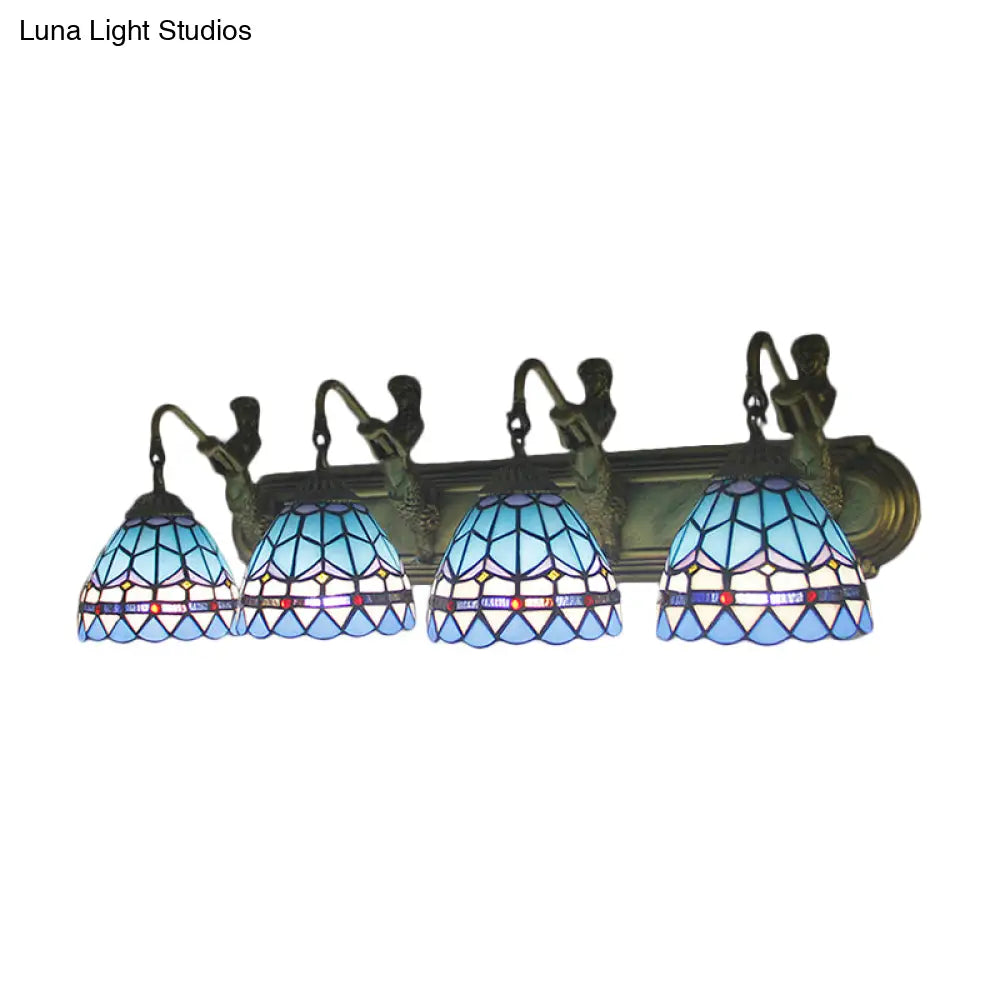 Mediterranean Bronze Wall Mounted Sconce Light With 4 Dome Blue Glass Heads For Living Room