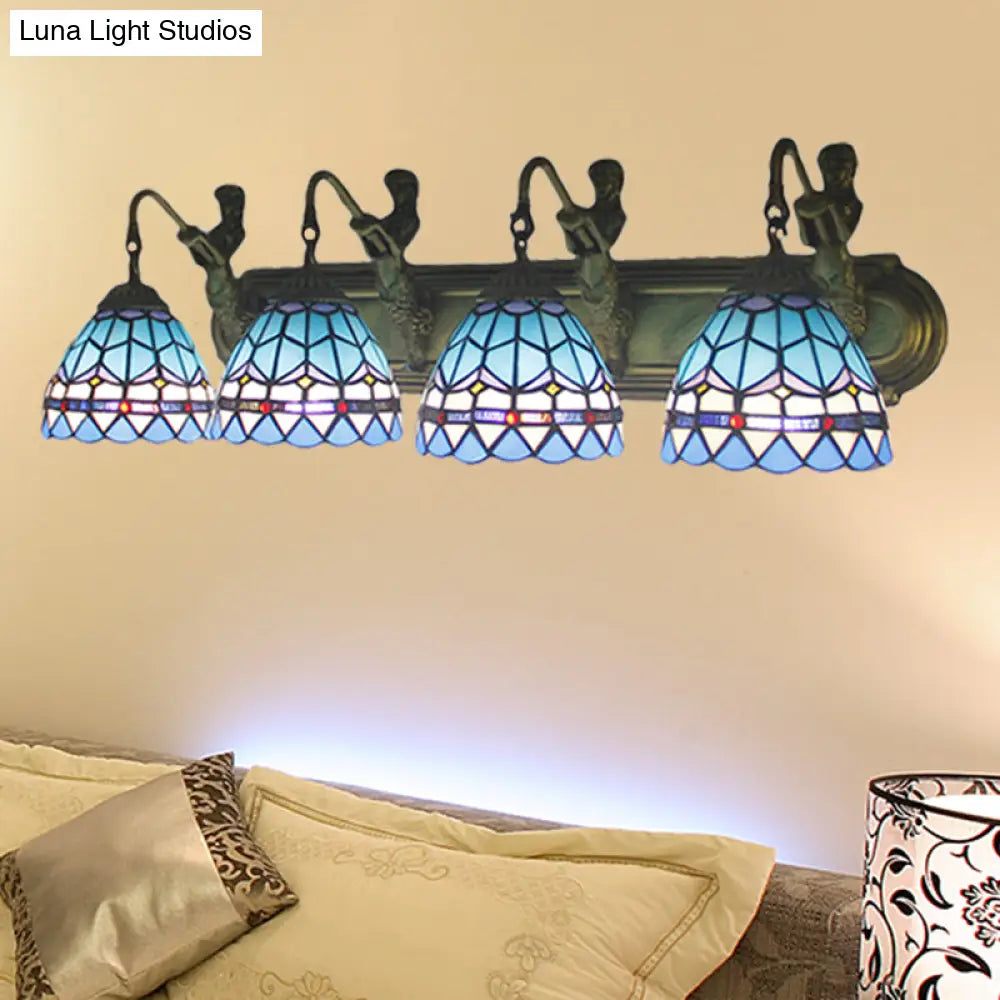 Mediterranean Bronze Wall Mounted Sconce Light With 4 Dome Blue Glass Heads For Living Room