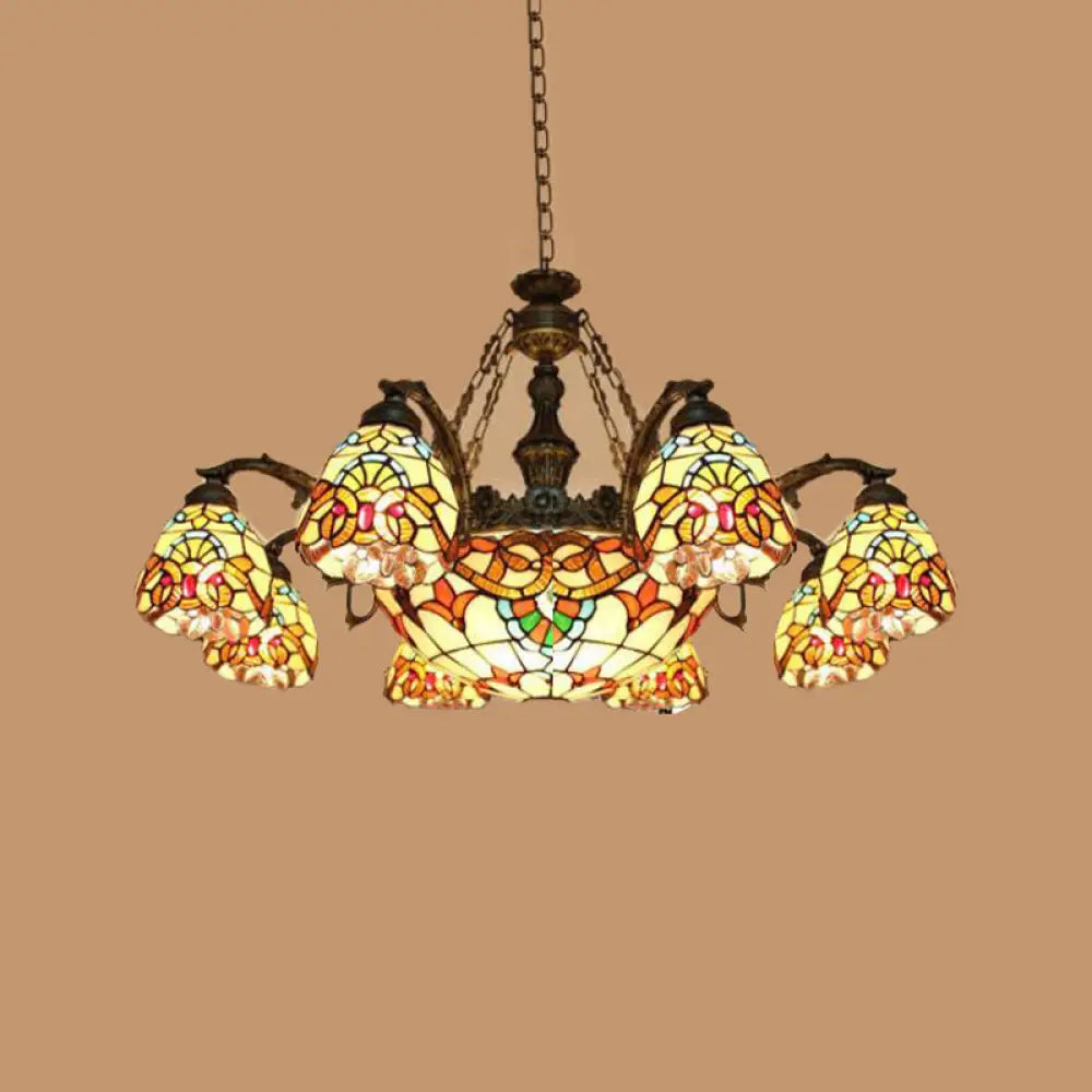 Mediterranean Brown Pendant Chandelier With Flower Stained Glass Shade - 8/11 Lights For Living