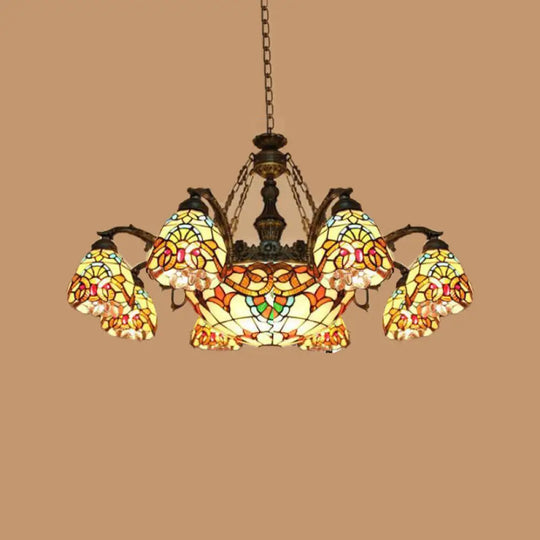 Mediterranean Brown Pendant Chandelier With Flower Stained Glass Shade - 8/11 Lights For Living