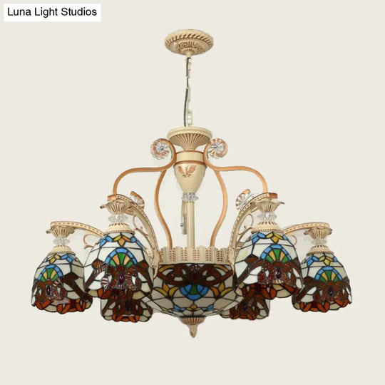 Mediterranean Brown Stained Glass Pendant Chandelier With Flower Shade - 8/11 Lights For Living Room