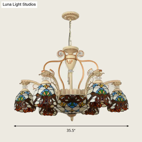 Mediterranean Brown Stained Glass Pendant Chandelier With Flower Shade - 8/11 Lights For Living Room