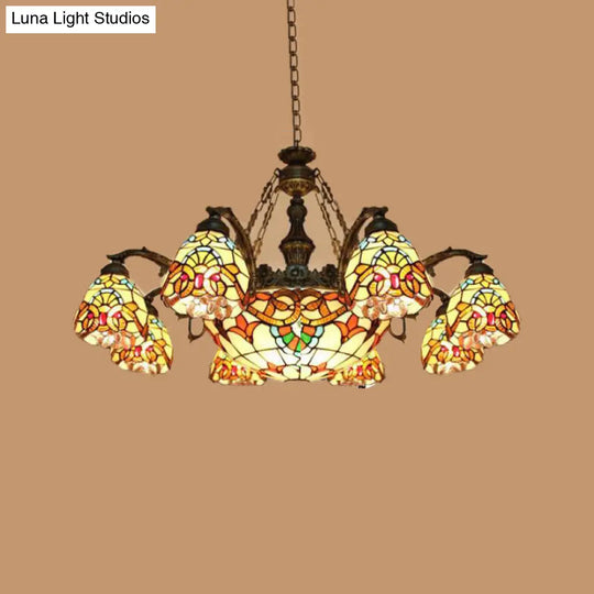 Mediterranean Brown Stained Glass Pendant Chandelier With Flower Shade - 8/11 Lights For Living Room