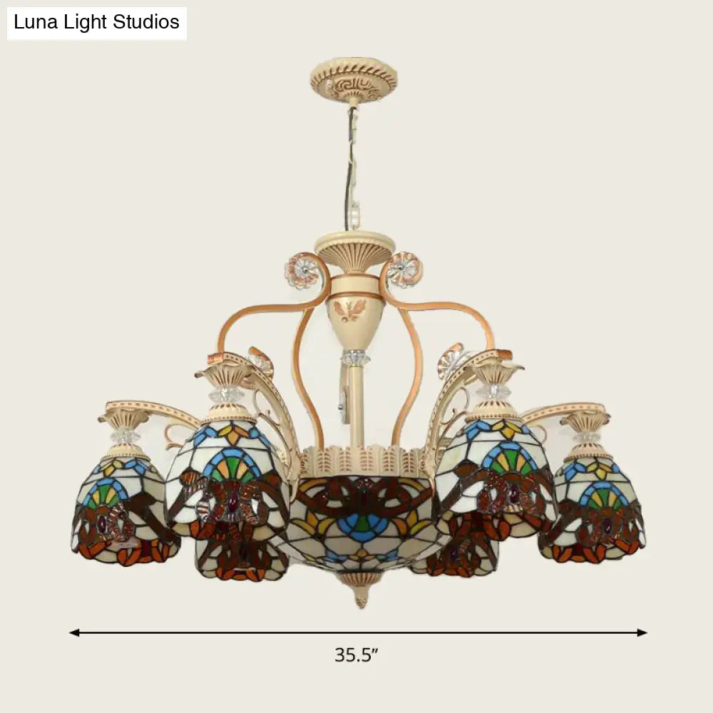 Mediterranean Brown Pendant Chandelier With Flower Stained Glass Shade - 8/11 Lights For Living