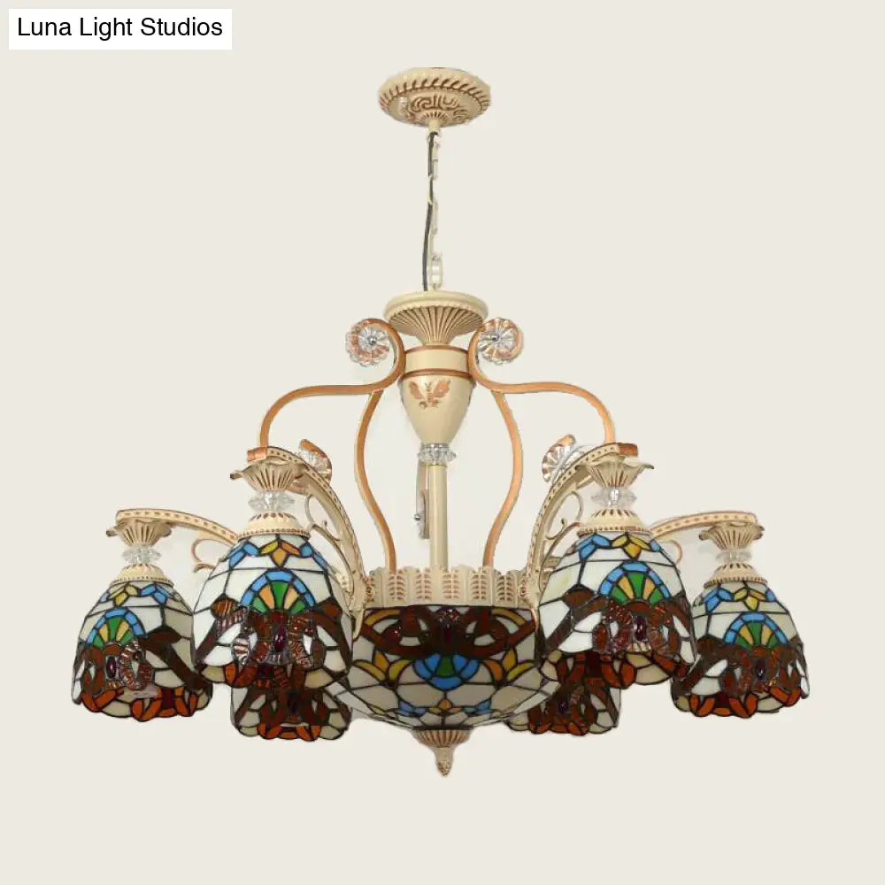 Mediterranean Brown Pendant Chandelier With Flower Stained Glass Shade - 8/11 Lights For Living