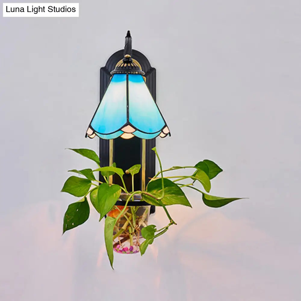 Mediterranean Cone Sconce: 1-Head Blue/White Glass Wall Light Fixture With Plant Decoration