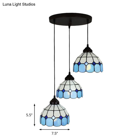 Mediterranean Cut Glass 3-Light Blue Multi Pendant For Bedroom - Bowl Hanging Light Fixture