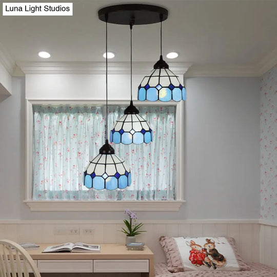 Mediterranean Cut Glass 3-Light Blue Multi Pendant For Bedroom - Bowl Hanging Light Fixture