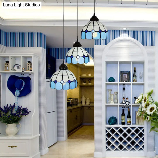 Mediterranean Cut Glass 3-Light Blue Multi Pendant For Bedroom - Bowl Hanging Light Fixture
