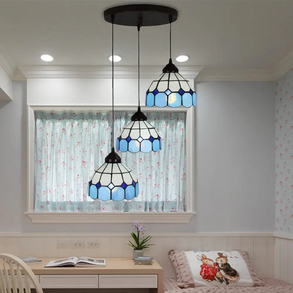 Mediterranean Cut Glass 3-Light Blue Multi Pendant Bowl Hanging Light Fixture - Perfect For Bedrooms