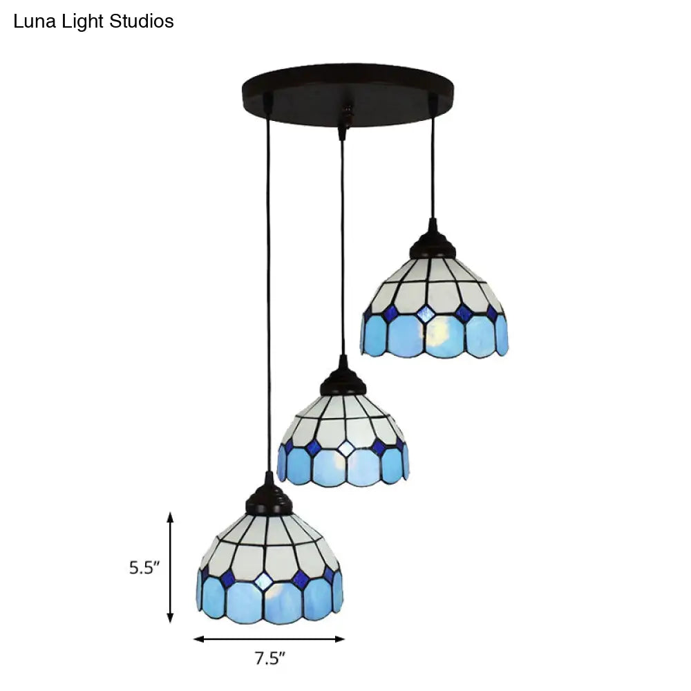 Mediterranean Cut Glass 3-Light Blue Multi Pendant Bowl Hanging Light Fixture - Perfect For Bedrooms