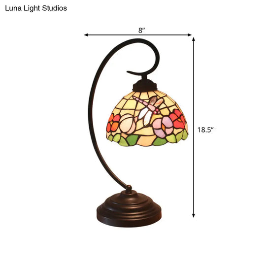 Mediterranean Cut Glass Domed Night Table Lamp - Dark Coffee Dragonfly And Flower Patterned Desk