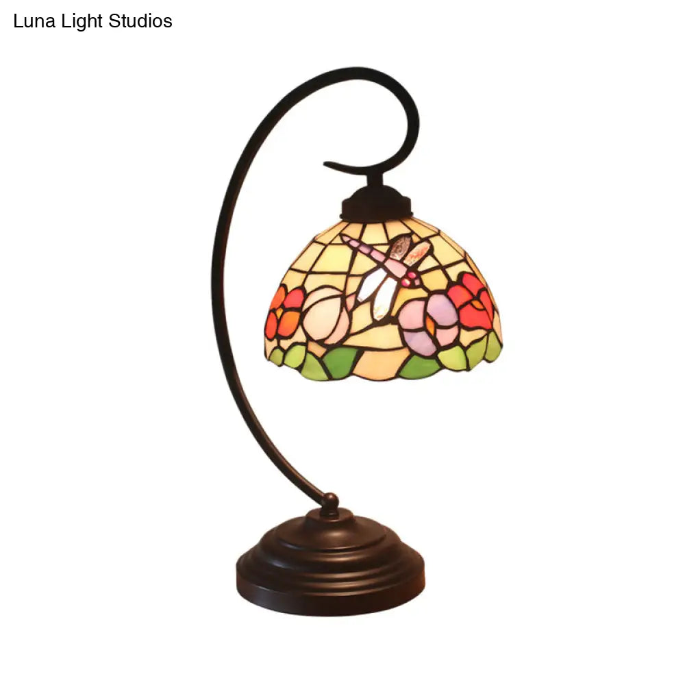 Mediterranean Cut Glass Domed Night Table Lamp - Dark Coffee Dragonfly And Flower Patterned Desk