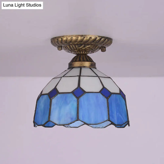 Mediterranean Cut Glass Small Floral Ceiling Mount Lamp - 1 Head Semi Flush Lighting For Elegant