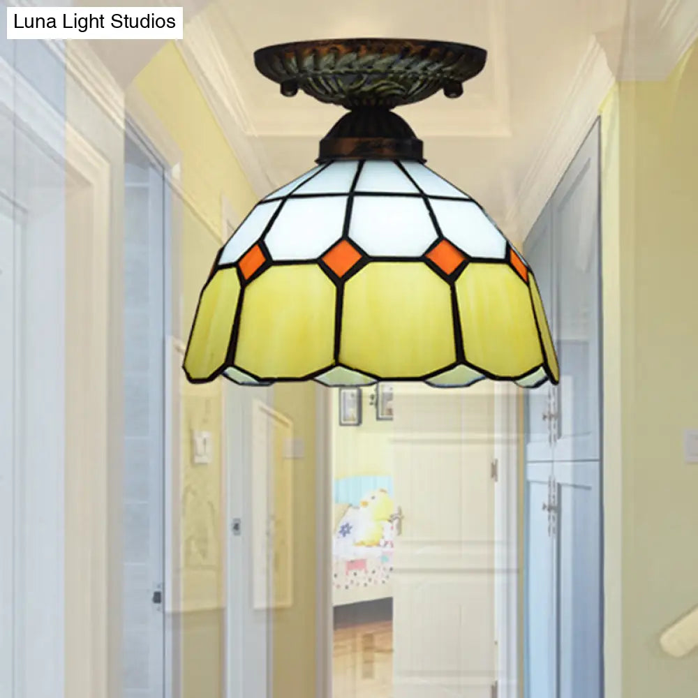 Mediterranean Cut Glass Small Floral Ceiling Mount Lamp - 1 Head Semi Flush Lighting For Elegant