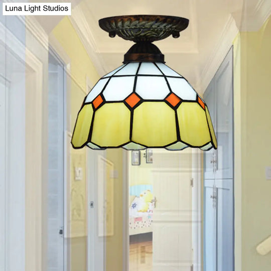 Mediterranean Cut Glass Small Floral Ceiling Mount Lamp - 1 Head Semi Flush Lighting For Elegant