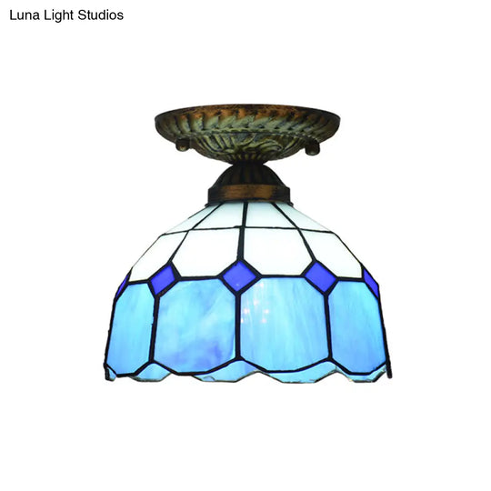 Mediterranean Cut Glass Small Floral Ceiling Mount Lamp - 1 Head Semi Flush Lighting For Elegant