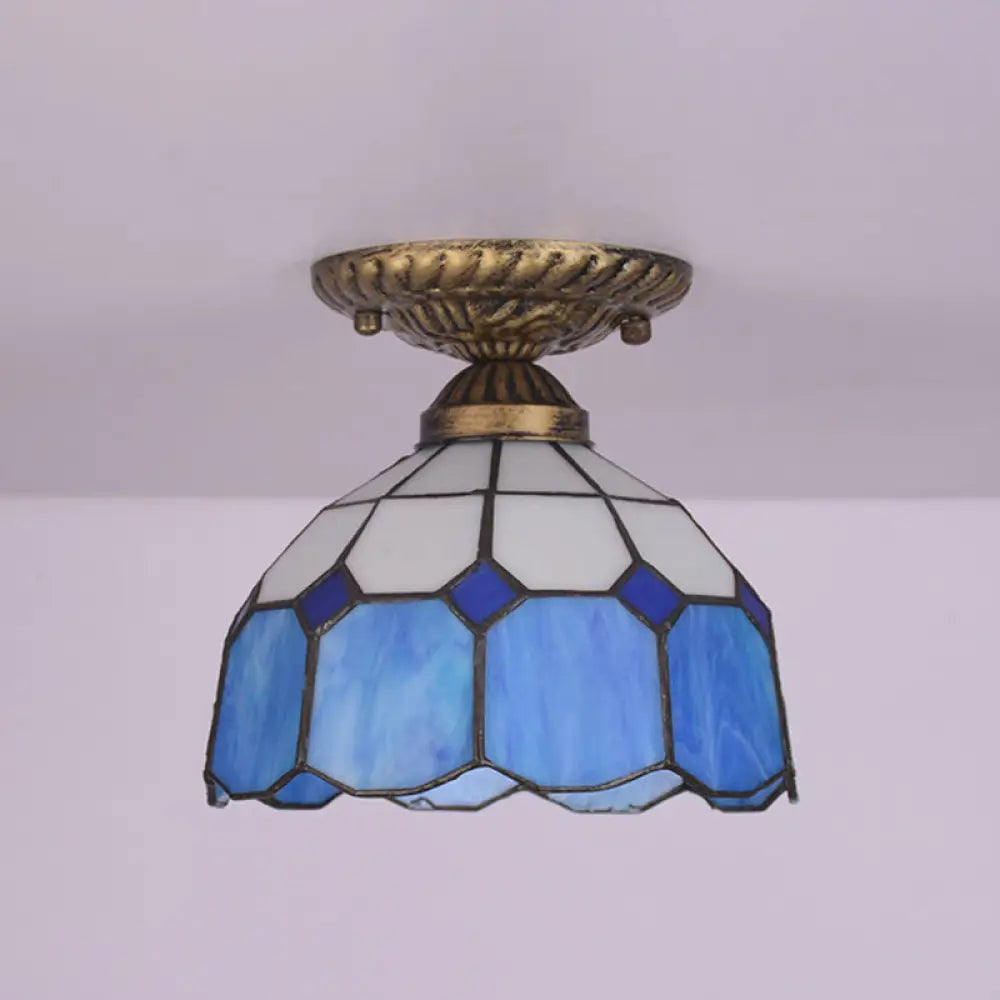 Mediterranean Cut Glass Small Floral Ceiling Mount Lamp - 1 Head Semi Flush Lighting For Elegant