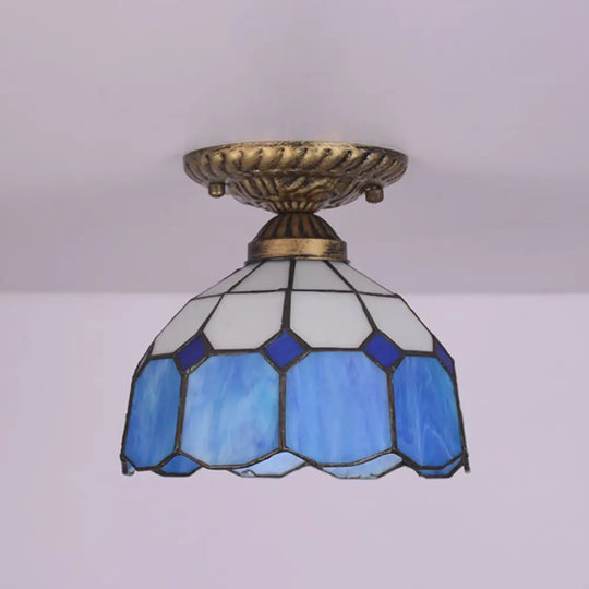 Mediterranean Cut Glass Small Floral Ceiling Mount Lamp - 1 Head Semi Flush Lighting For Elegant