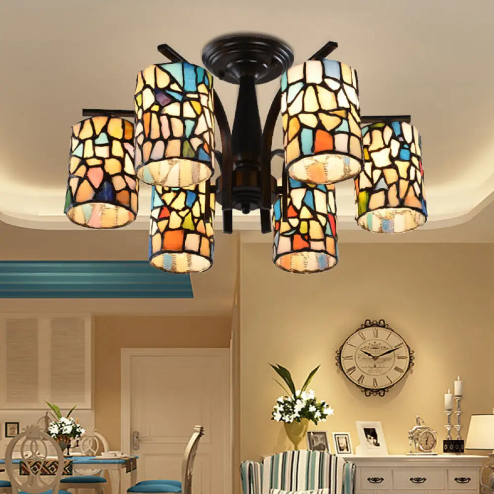 Mediterranean Cylinder Glass Ceiling Mount - Semi Flush Light (6/8 Lights) In Black For Living Room