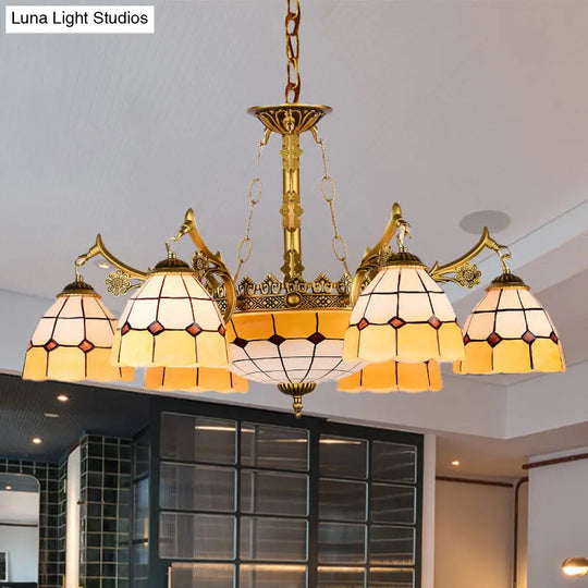 Mediterranean Stained Glass Ceiling Chandelier - 11-Light Yellow Drop Pendant For Living Room