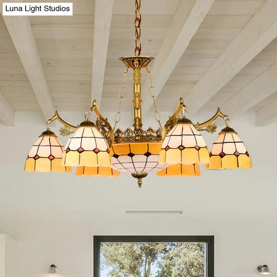 Mediterranean Stained Glass Ceiling Chandelier - 11-Light Yellow Drop Pendant For Living Room