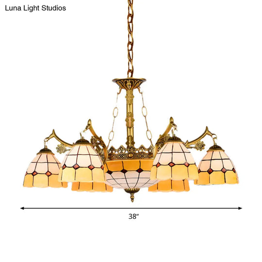 Mediterranean Dome Chandelier With 11 Yellow Stained Glass Lights - Perfect For Living Rooms