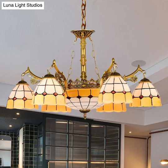 Mediterranean Dome Chandelier With 11 Yellow Stained Glass Lights - Perfect For Living Rooms