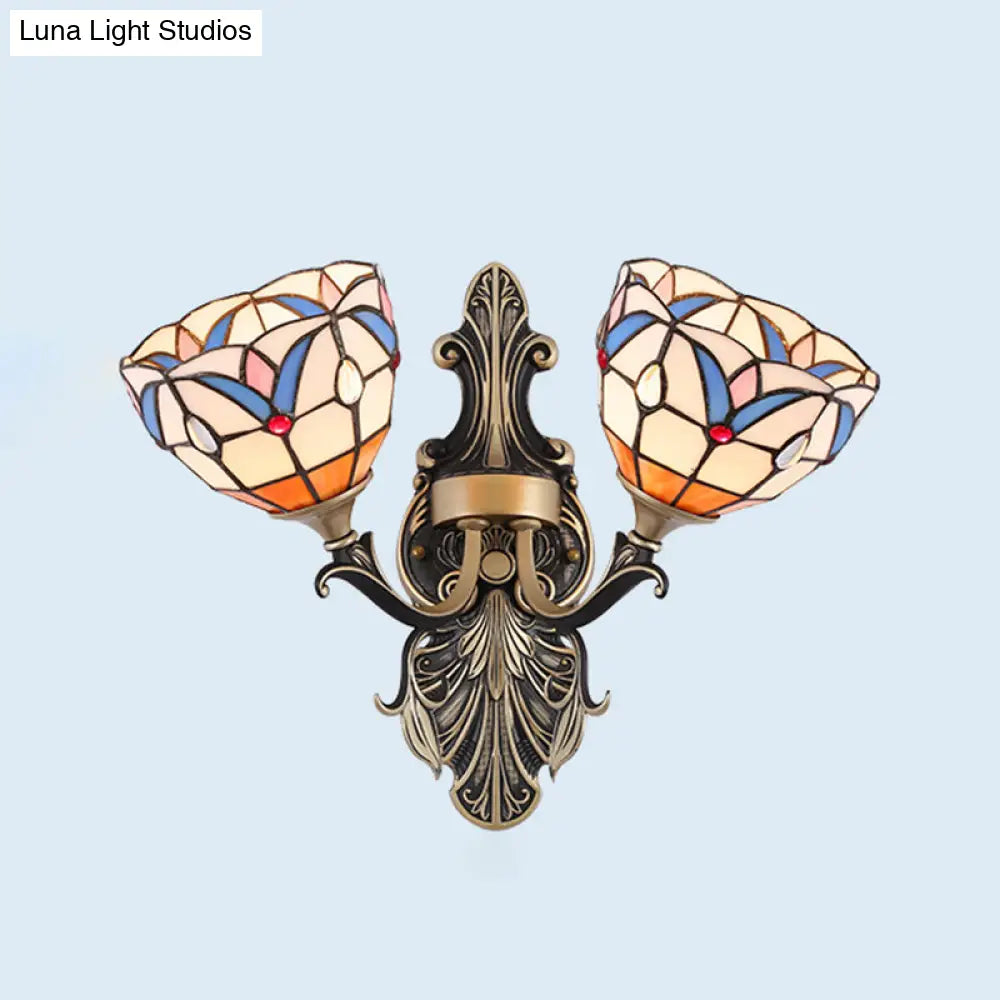 Mediterranean Dome/Flower Stained Art Glass Sconce - Wall Mounted Light For Bedroom Red/Pink/Orange