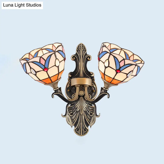 Mediterranean Dome/Flower Stained Art Glass Sconce - Wall Mounted Light For Bedroom Red/Pink/Orange