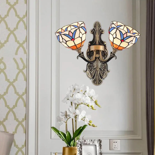 Mediterranean Dome/Flower Stained Art Glass Sconce - Wall Mounted Light For Bedroom Red/Pink/Orange