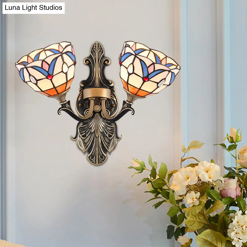 Mediterranean Dome/Flower Stained Art Glass Sconce - Wall Mounted Light For Bedroom Red/Pink/Orange