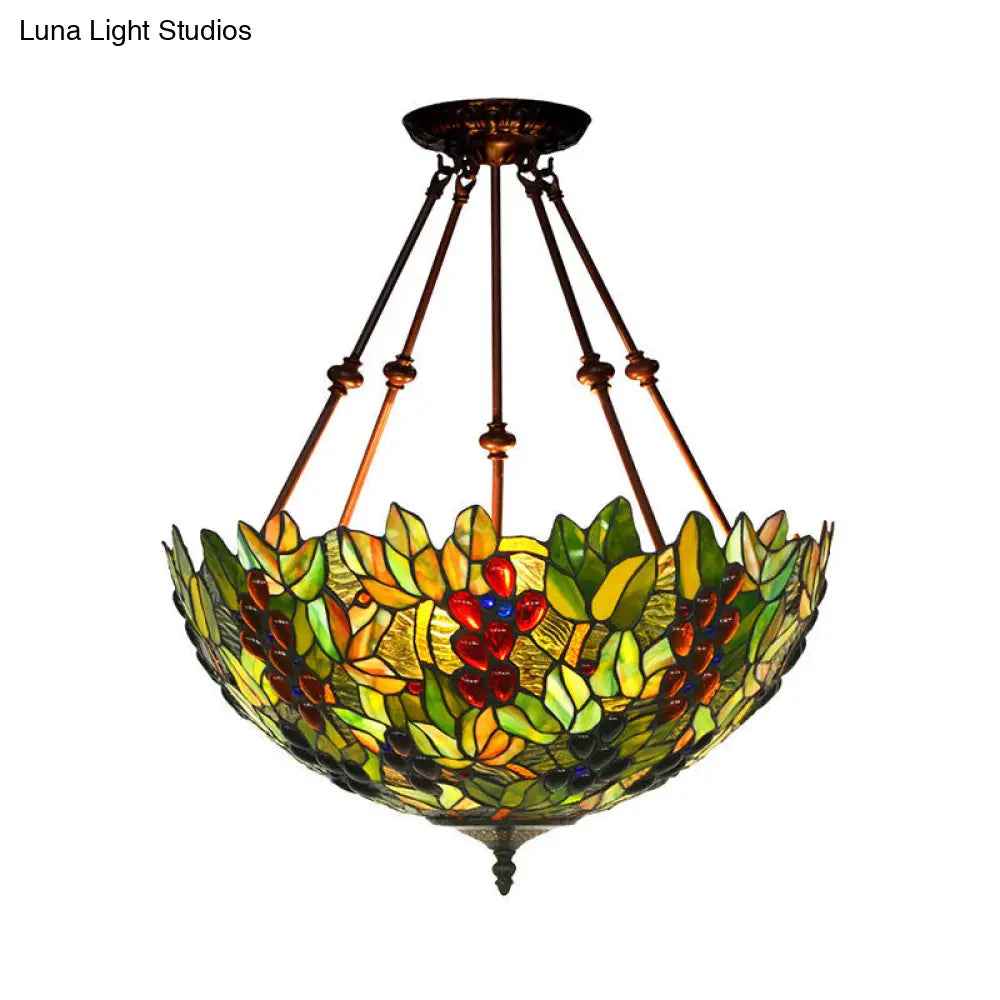 Mediterranean Dome Semi Flush Mount Ceiling Light - 16/18 Wide 2 Green Cut Glass Lights / 18