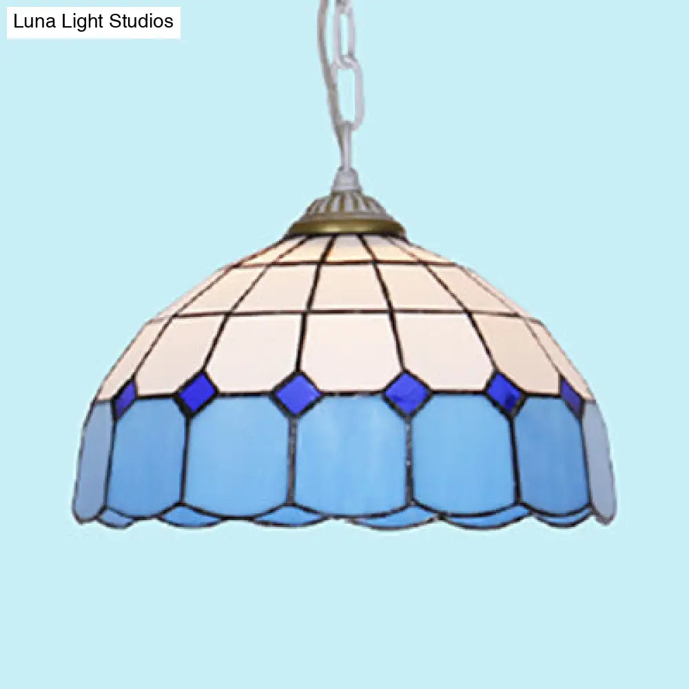 Mediterranean Dome Stained Art Glass Pendant Light In White/Blue/Bronze