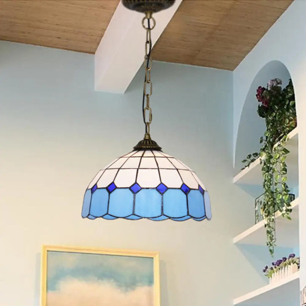 Mediterranean Dome Stained Art Glass Pendant Light In White/Blue/Bronze Bronze