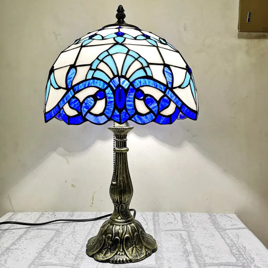 Mediterranean Dome Stained Glass Nightstand Lamp For Bedside Table Dark Blue