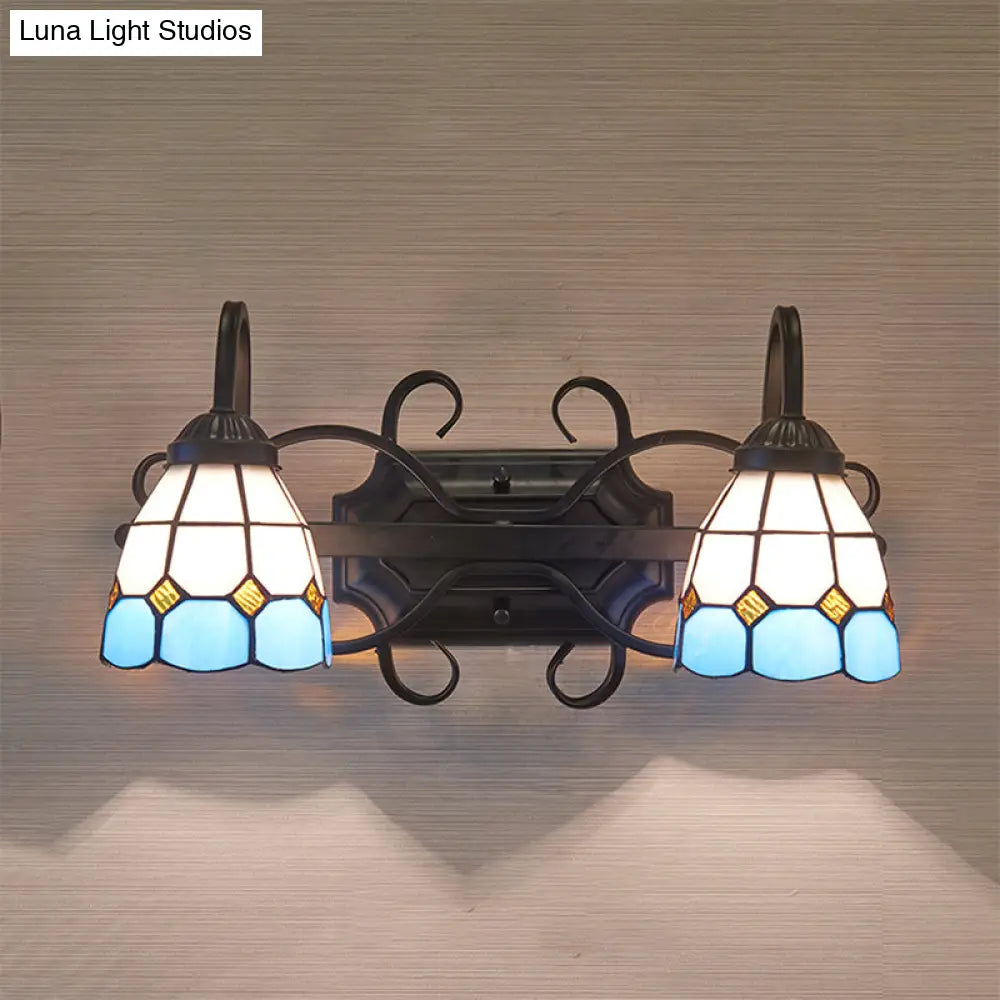 Mediterranean Dome Stained Glass Vanity Lighting: 2-Head Wall Sconce For Bathroom